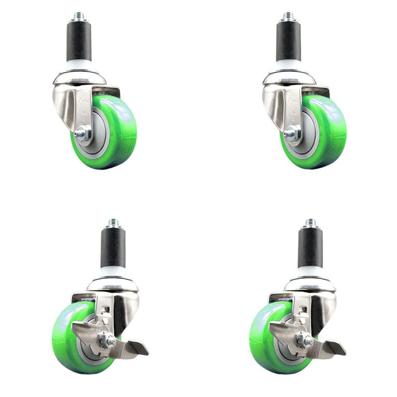 Ensemble de roulettes extensibles en polyéthylène pivotant de 3 pouces et 1 3/8 pouce à 3 freins SCC, Vert