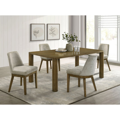 Mid - Century Modern 5 Piece Rectangular Dining With Brown Oak Finish And Four Comfortable Upholstered Chairs In Oak, Featuring Rubberwood Table