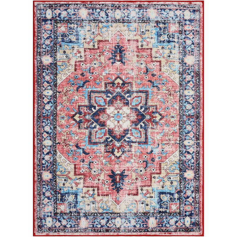 Boho Vintage Medallion Rug – Washable Floral Print, Low-Pile, Non-Slip Soft Carpet for Dining Room, Office, Bedroom