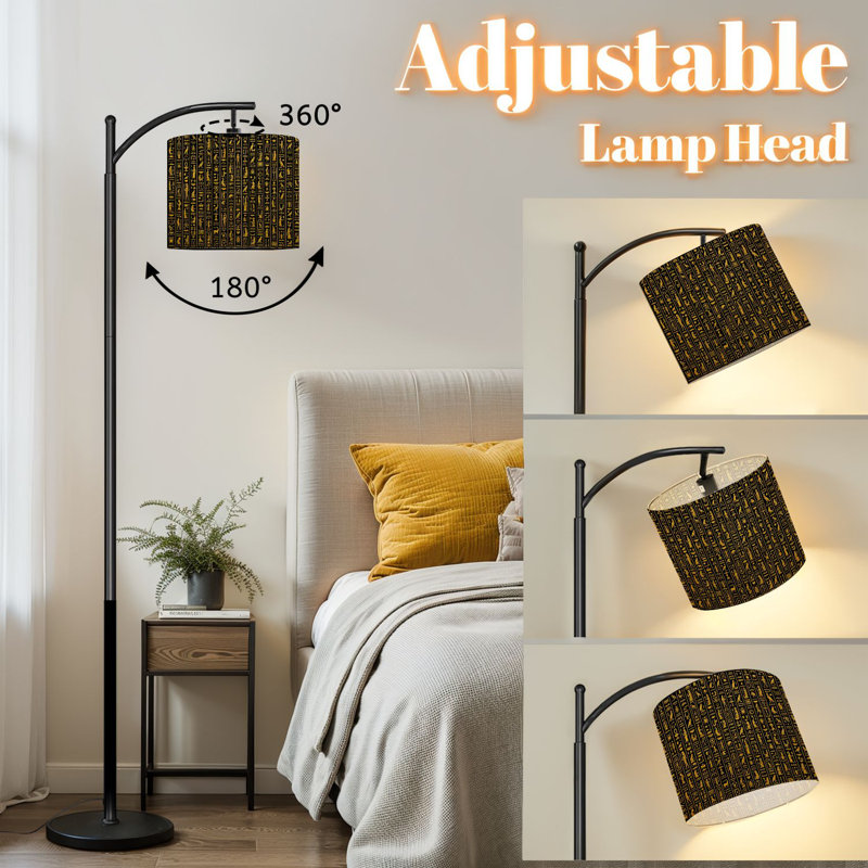 Lampe sur pied à arc avec abat-jour réglable Hiéroglyphes égyptiens dorés alphabet noir Lampe sur pied antique à 3 températures de couleur à intensité variable avec interrupteur au pied pour chambre à coucher