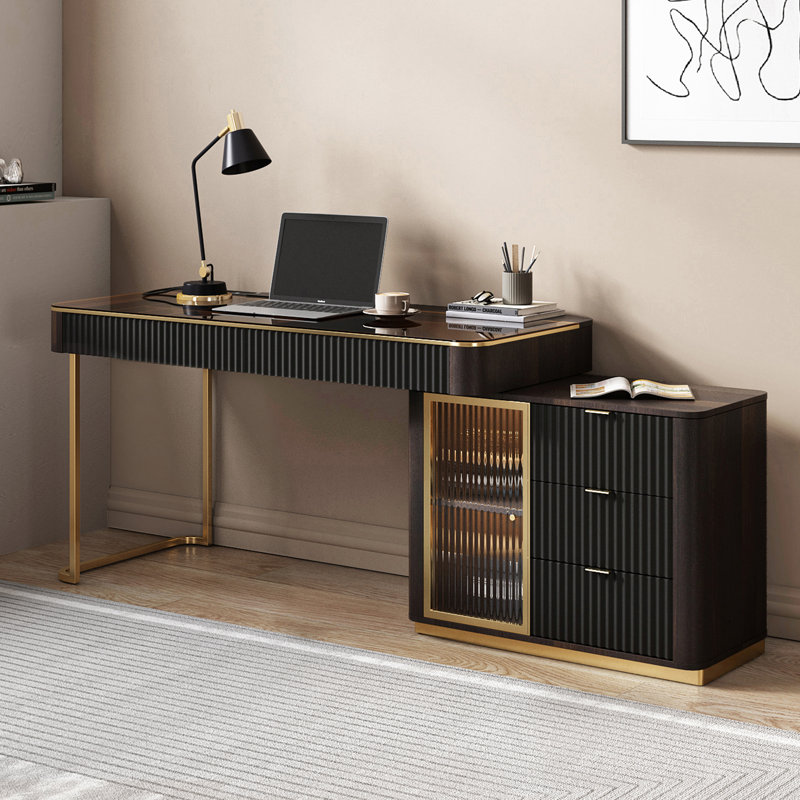 L-Shaped Computer Desk , 29.5" H x 53.1" W x 23" D, Brown/Black/Gold