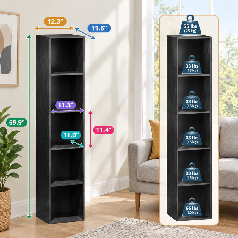 Cette bibliothèque autoportante noire à 5 cubes présente un design ouvert étroit et discret ainsi qu'une surface en mélamine écologique, idéale pour les bureaux, les salons, les chambres ou les espaces de travail à domicile.