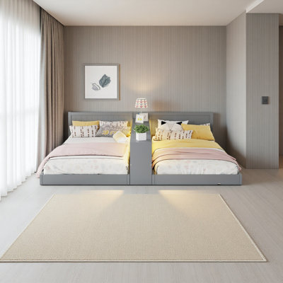 Double Twin Size Bed Frame With Storage,Twin Floor Bed With Light & Charging Station, Convertible 2 Twin Beds For 2 Kids