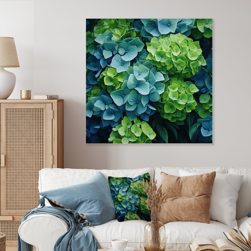 Hydrangées vertes et bleues, fleurs d'émeraude - impression sans cadre sur métal, H 16 po x l 16 po x P 1 po