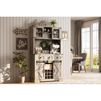 72" Farmhouse Bar Cabinet with Hutch, Sliding Barn Door, Drawers & Wine Rack for Living Room