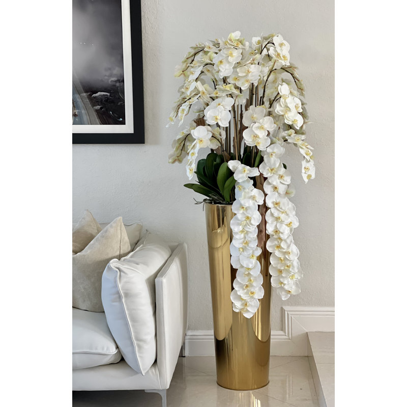 Cascading White Phalaenopsis Orchids In Tapered Polished  Cone Planter, Gold