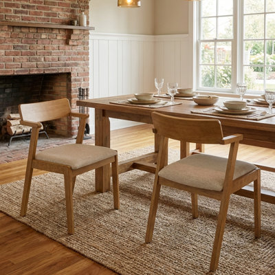 Modern Farmhouse Dining Chair With Upholstered Seat - Solid Oak Wood, Carved Back & Short Arms