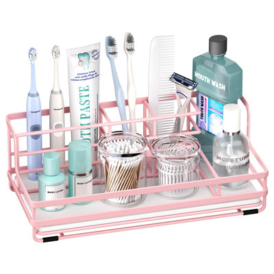 Toothbrush Holders for Bathroom,5 Partitions Bathroom Counter Organizer with Instant Drying Stone, Stainless Steel Countertop Storage Electric Toothbrush Toothpaste Holder(Pink)