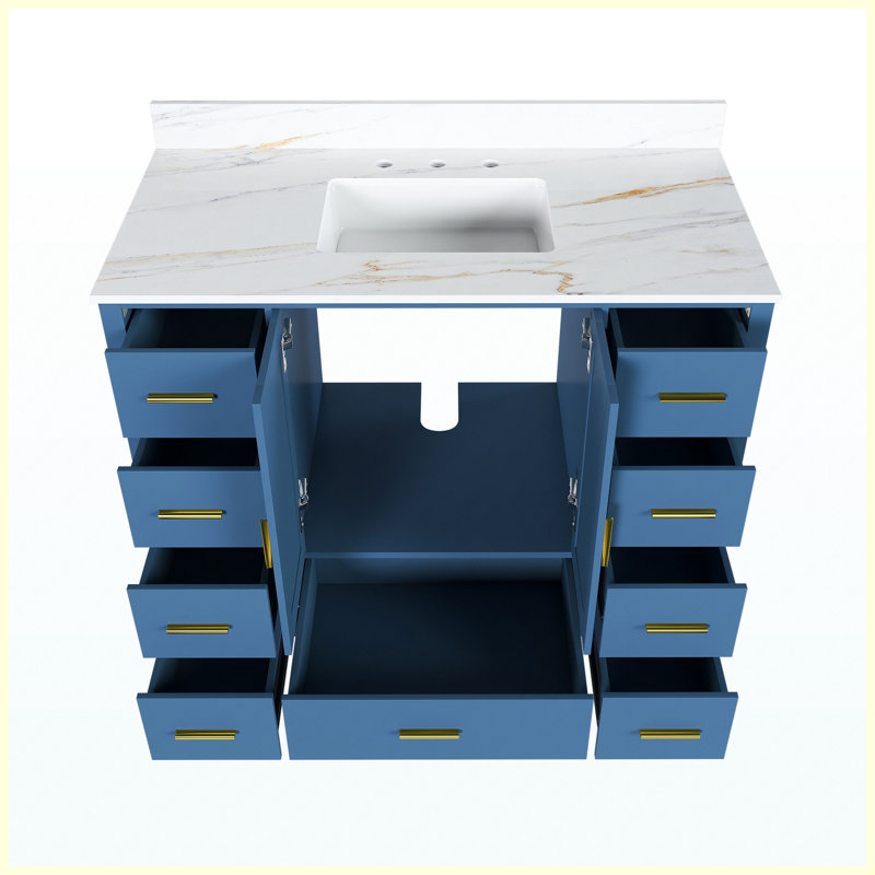 Meuble-lavabo moderne 42 po en bois massif blanc avec rangement à fermeture en douceur, Bleu, Triple