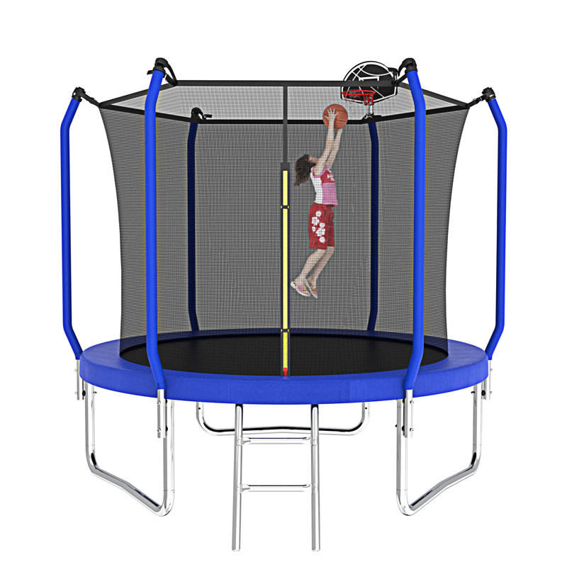 Blue 10FT Round Trampoline with Enclosure and Basketball Hoop