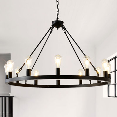 40" 12-Light Black Farmhouse Wagon Wheel Chandelier
