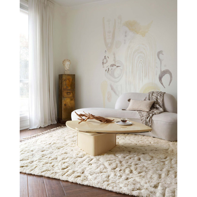 HYGGE Hand Knotted Wool Geometric Area Rug in Oatmeal/Ivory, Rectangle 5'6" x 8'6"