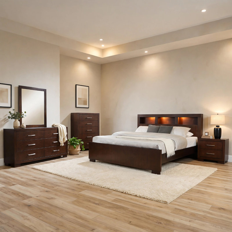 Ensemble de chambre avec grand lit, tête de lit bibliothèque, 5 pièces Bela, Grand lit