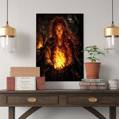 Canvas Wall Art Fiery Redhead Witch Holding Magic Flame Art Vintage Poster Print Home Decor