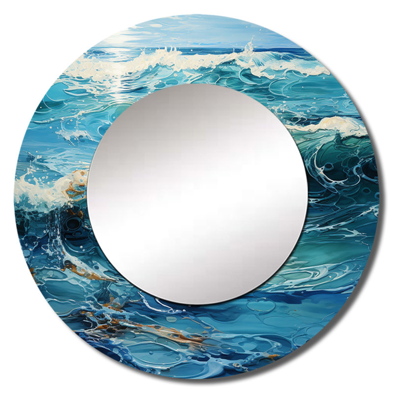 «Teal White Ocean Serenade Pointillism I» - miroir mural décoratif, miroir rond bleu sarcelle, impression sur métal