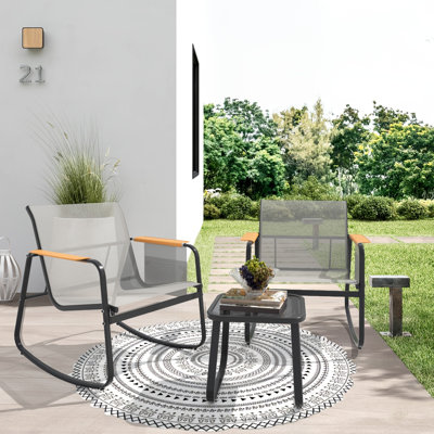 Ensemble de meubles berçants d'extérieur 3 pièces, causeuse et chaises berçantes avec accoudoirs larges, tissu respirant textilène et poches de rangement, mobilier de conversation toutes saisons avec table d'appoint en verre