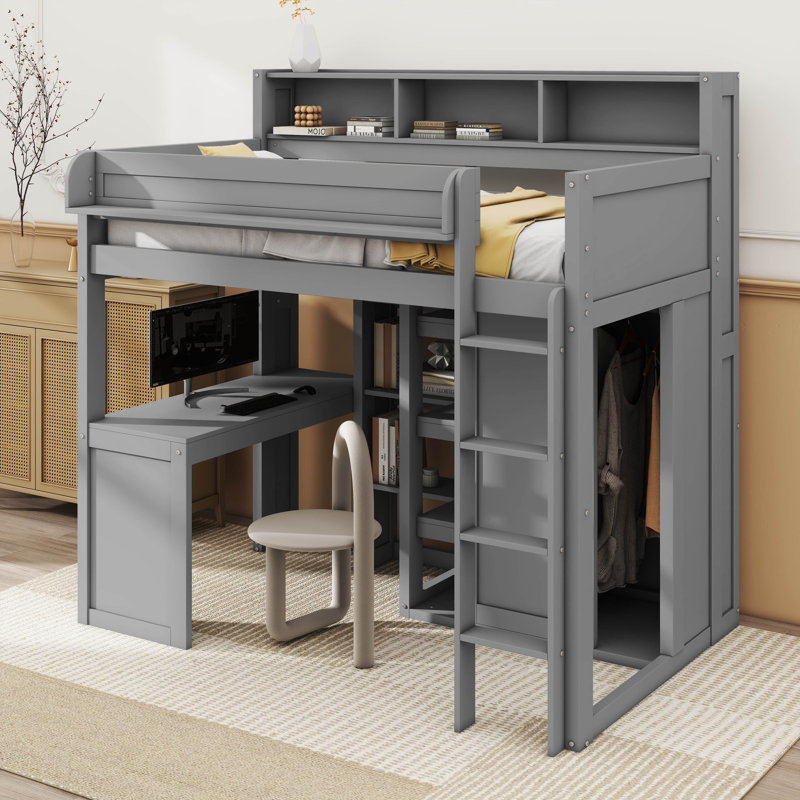 Lit mezzanine simple avec tablettes et garde-robe, Gris