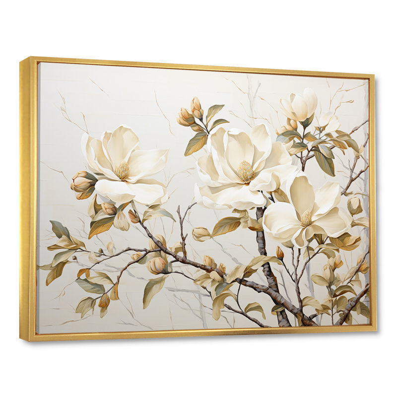 «Elegant Beige Magnolias Tranquility - Magnolias», art mural sur toile, H 24 po x l 32 po x P 1 po, Cadre flottant doré