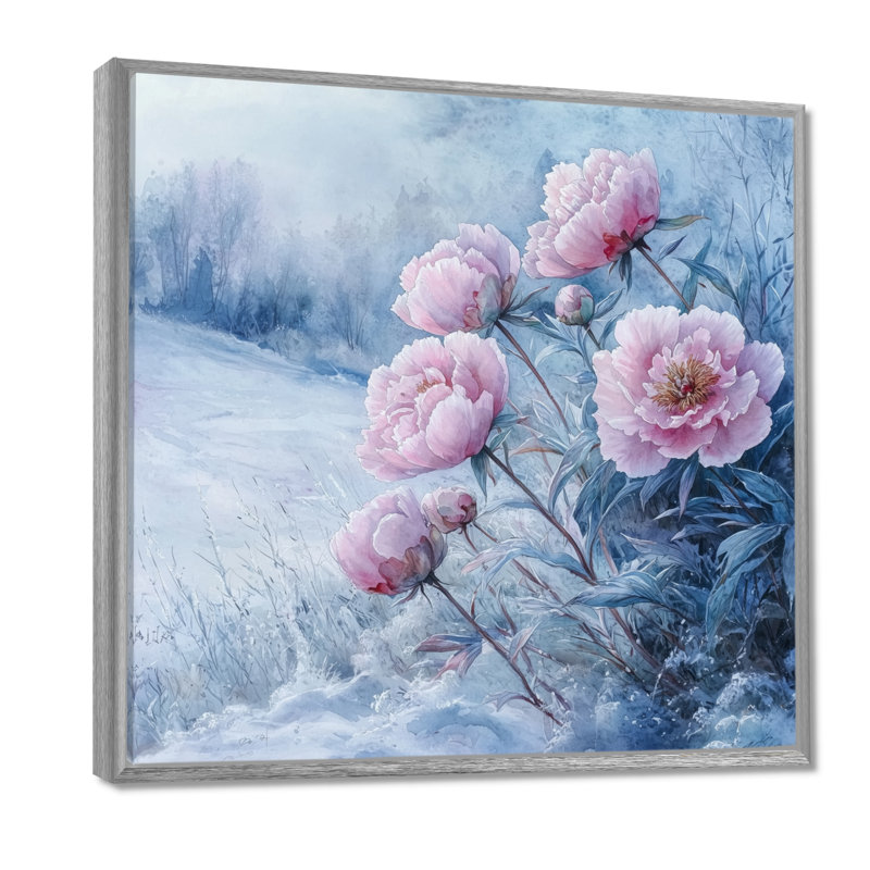 Pivoines dans le champ couvert de givre II - pivoines, art mural, H 30 po x l 30 po, Impression encadrée flottante