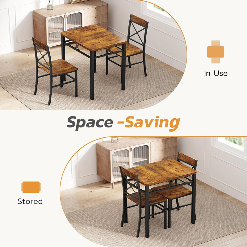 Ensemble de salle à manger 3 pièces en brun rustique, ensemble de table de salle à manger avec 2 chaises en forme de X, pour les petits espaces et les appartements