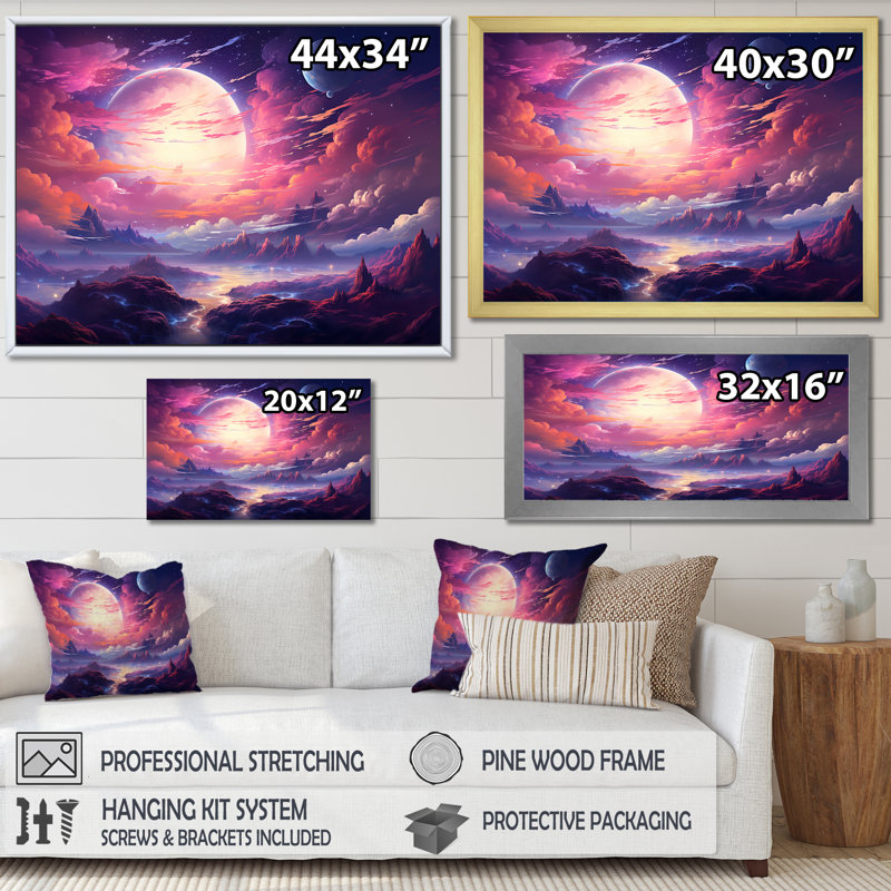 Pleine lune rose sur un paysage de montagne magique I - impression, H 30 po x l 40 po x P 1,5 po, Toile tendue