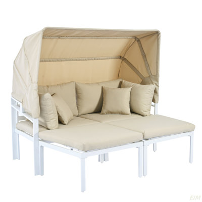 3-Piece Patio Daybed With Retractable Canopy Outdoor Metal Sectional Sofa Set Sun Lounger With Cushions For Backyard, Porch, Poolside(Patio Sofa)