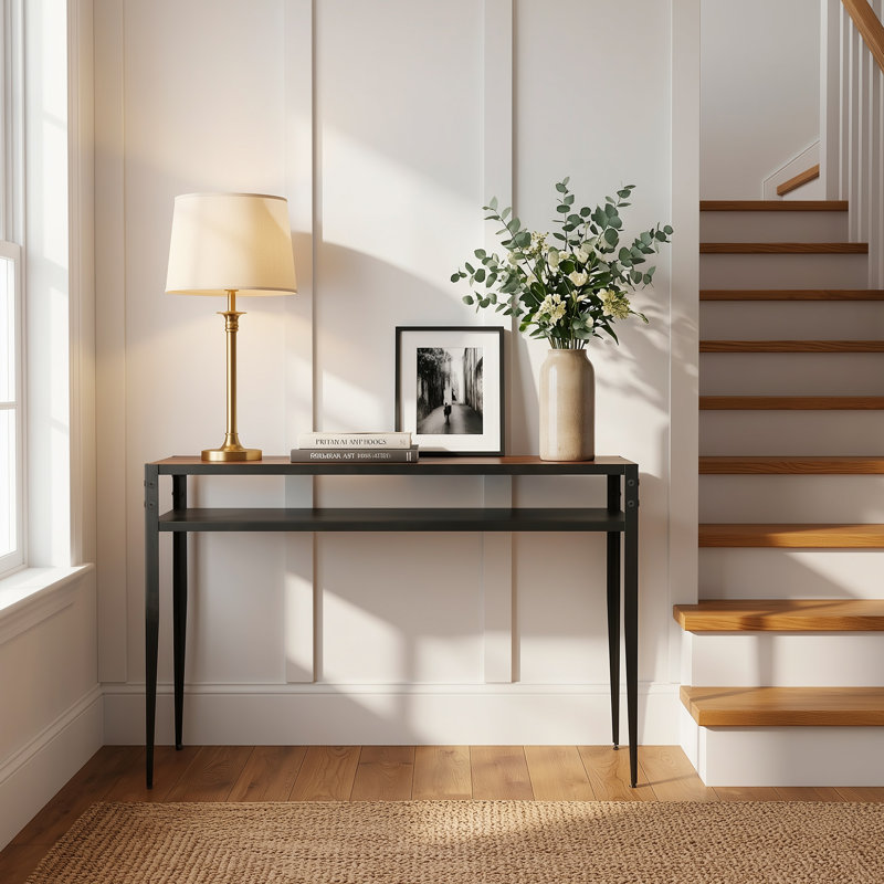 Console Siyah avec plateau en bois de manguier et base en métal - finition noyer noir mat, table d'appoint fabriquée à la main