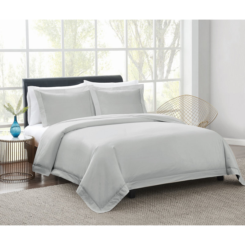 Vince Camuto 400TC Percale 3 Piece Duvet Set, Light Gray, Queen Duvet Cover + 2 Shams