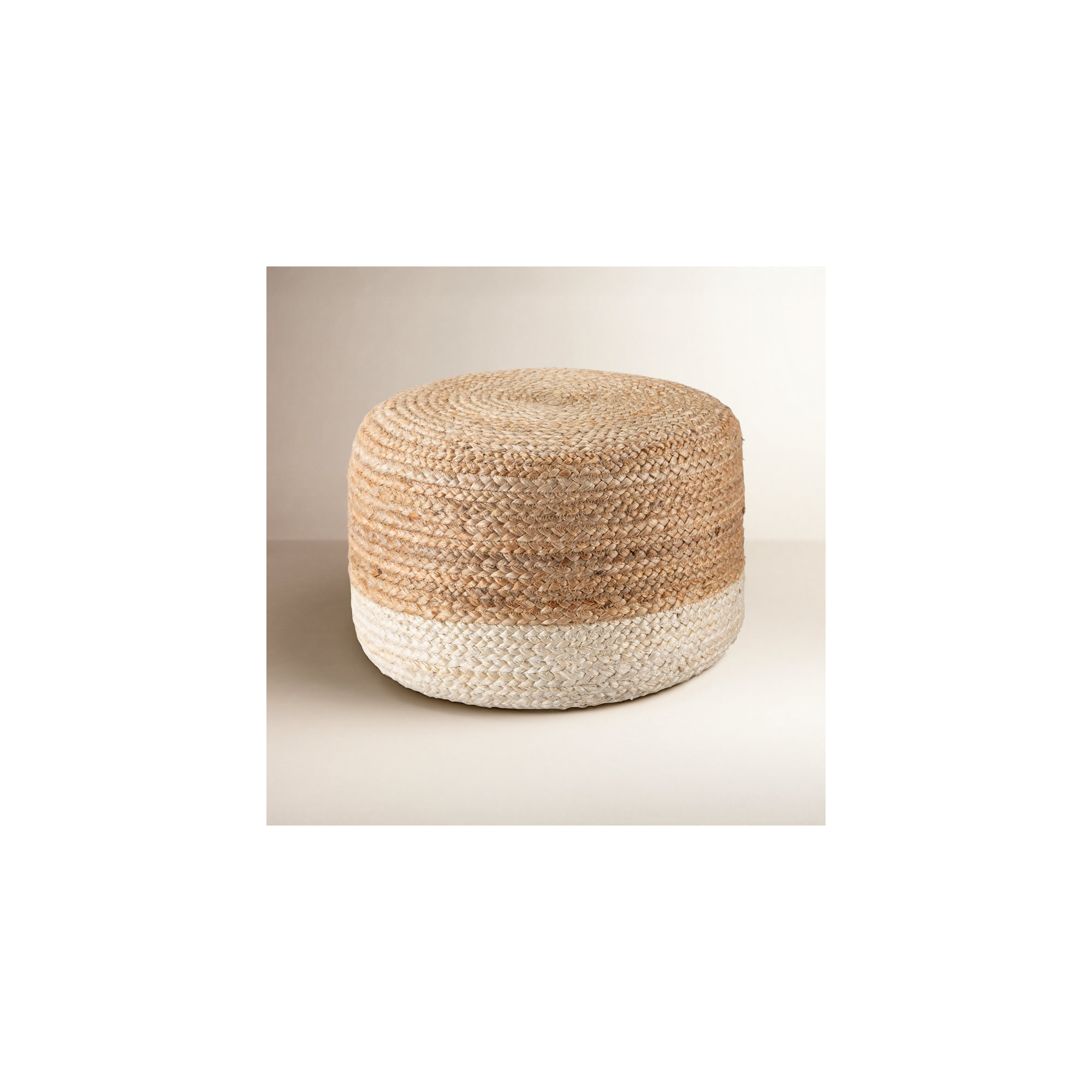Teele 18" Wide Round Pouf Ottoman, White/Beige