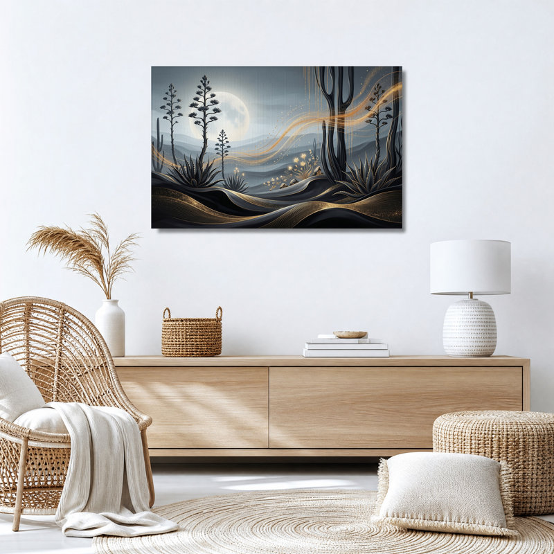 Tableau sur toile représentant un paysage désertique au clair de lune avec des cactus et des volutes dorées