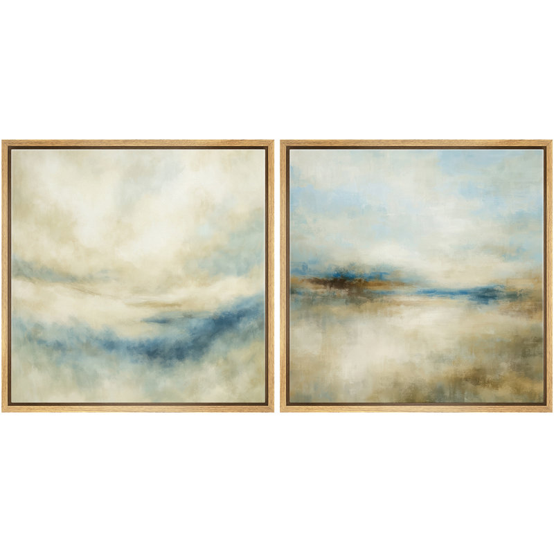 Doux paysage abstrait neutre dans des tons de beige et de bleu clair, œuvre d'art encadrée de la chambre principale, 2 pièces