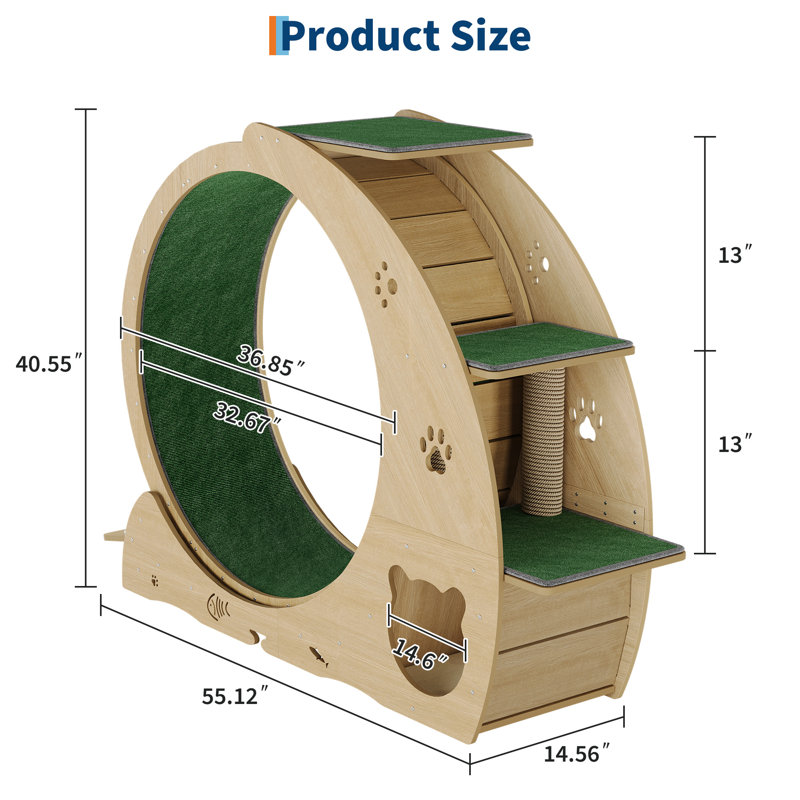 Cat Exercise Wheel for Indoor Cats – 55" Large 3-Level Jumping Tower with Marking Pad, Silent TPE Runner, Rest Area – Active Play & Obesity Prevention – Natural Wood Color