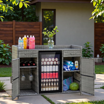 Outdoor Wicker Storage Cabinet With Black Tempered Glass Desktop, Fridge Space, 2 Glass Bottle Holders, 2 Large Drawers And Adjustable Shelves