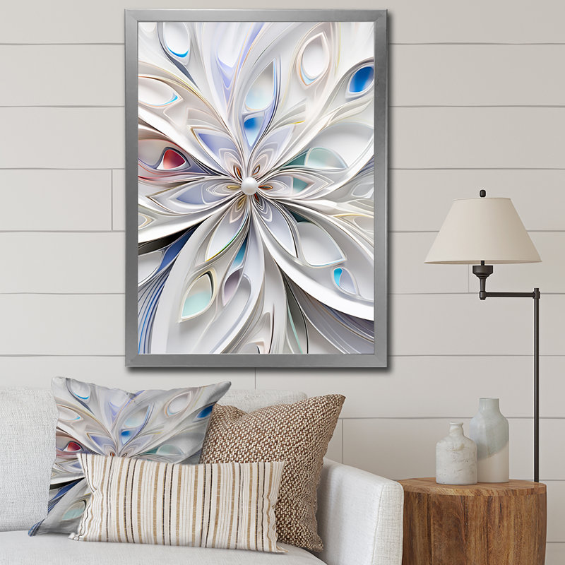 «White Cosmic Flowers - Fractals», reproduction d'art sur toile, H 20 po x l 12 po x P 1 po, Cadre simple argenté