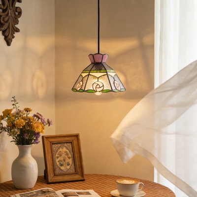 1 - Light Vintage Tiffany Dimmable Pendant Light With Clear Ribbed & Stained Glass Shade