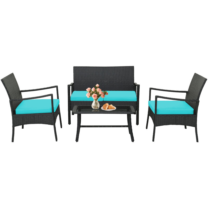 Shippensburg 4 - Person Patio Conversation Set with Cushions, Black Frame/Turquoise Cushion