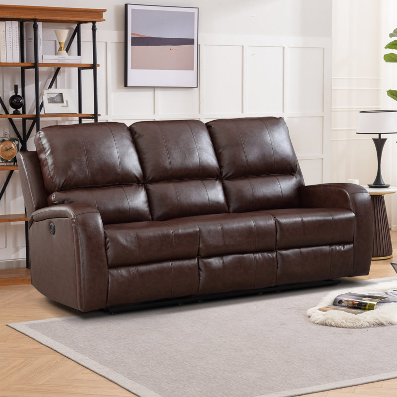  Modern and Upholstered Vegan Leather Power Reclining Sofa with USB Charge Port, Dark Brown 