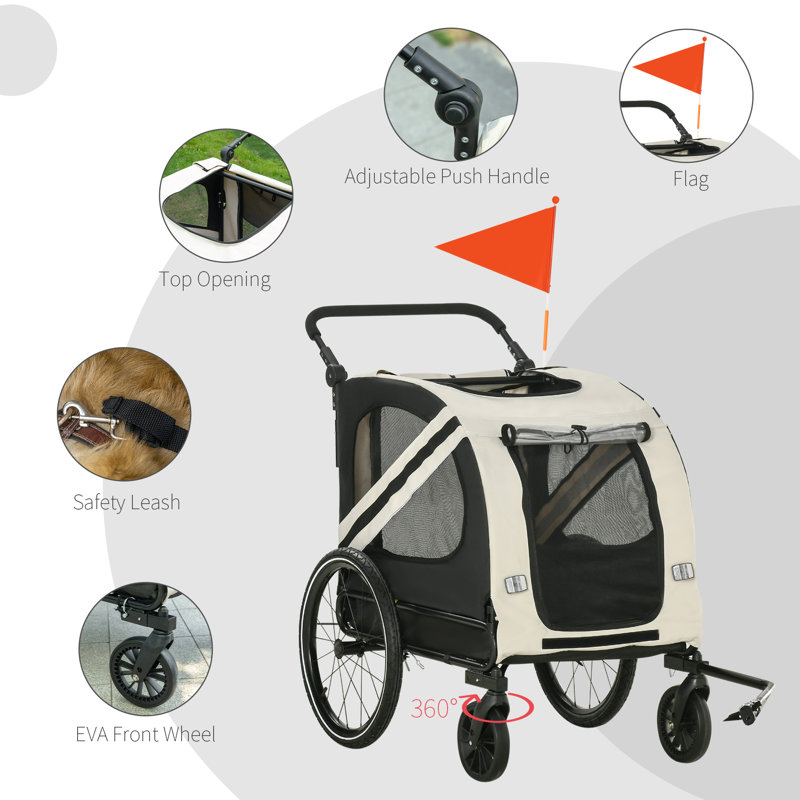 White Foldable Pet Bike Trailer and Stroller with Detachable Carrier