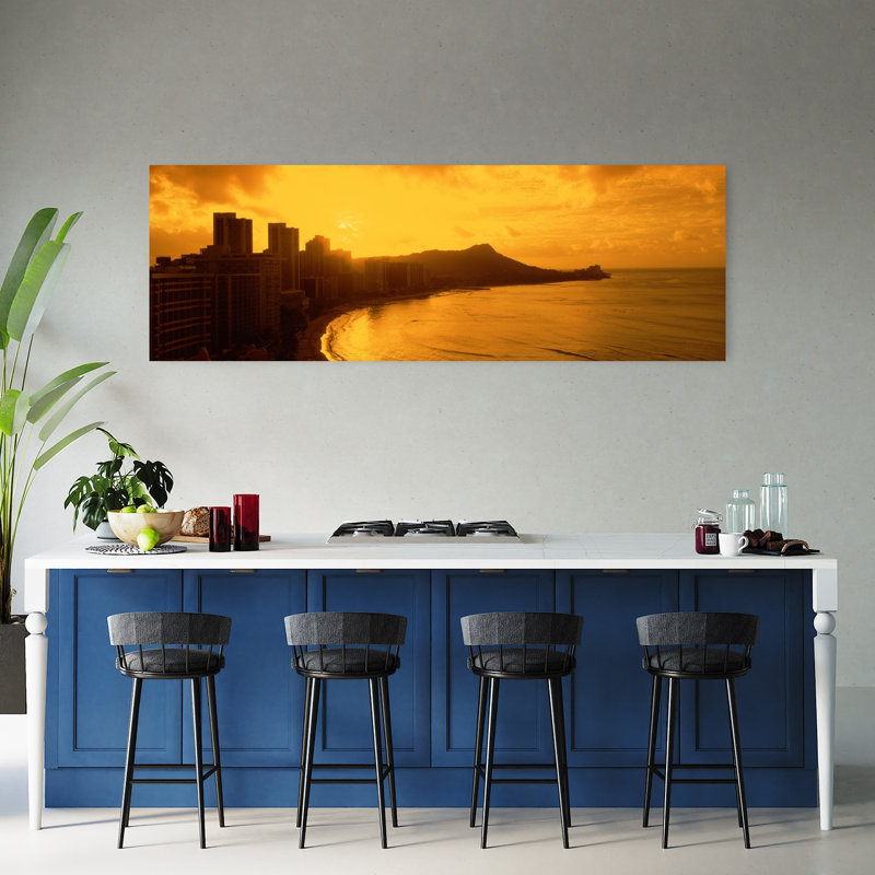 USA Hawaii Honolulu Waikiki Beach Sunrise view of city and beach 1 Piece Wrapped Canvas Panoramic Wall Art