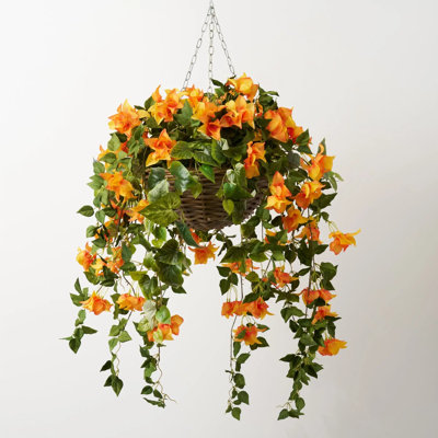 Draping Orange Bougainvillea in Rattan Basket Faux Floral Spring Summer Hanging Basket