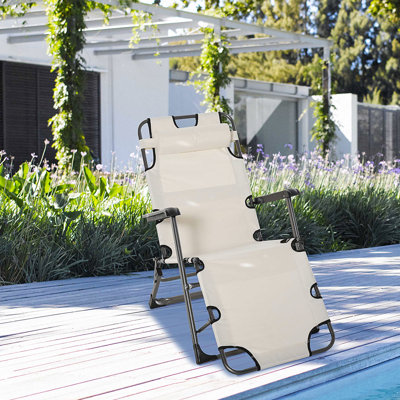 Cream White Patio Lounge Chair - 21 Folding Tanning With Pillow & Pocket For Beach, Lawn, Deck Pool Chair. Pocket. For Patio, Deck. Metal Frame, Supports Up To 330 Lbs