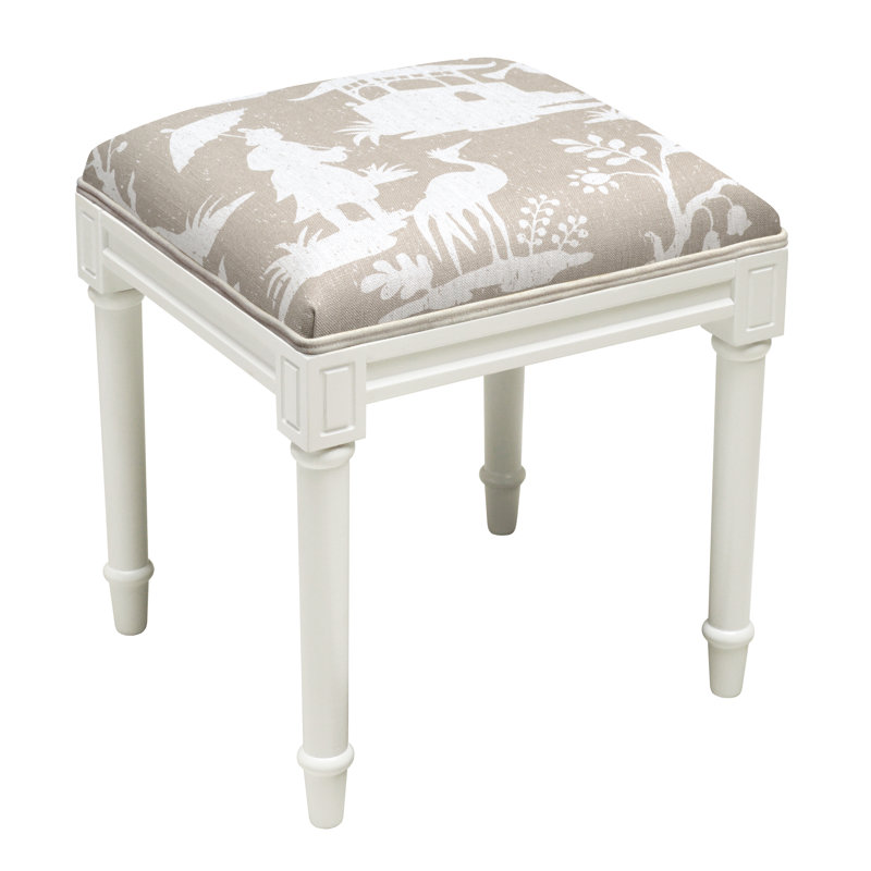 Tabouret de coiffeuse en bois massif Chinoiserie, Blanc / Taupe Clair