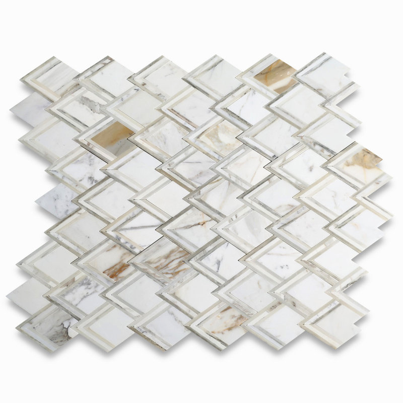 Carreau de mosaïque en marbre 11 po x 9 po, Blanc / Beige