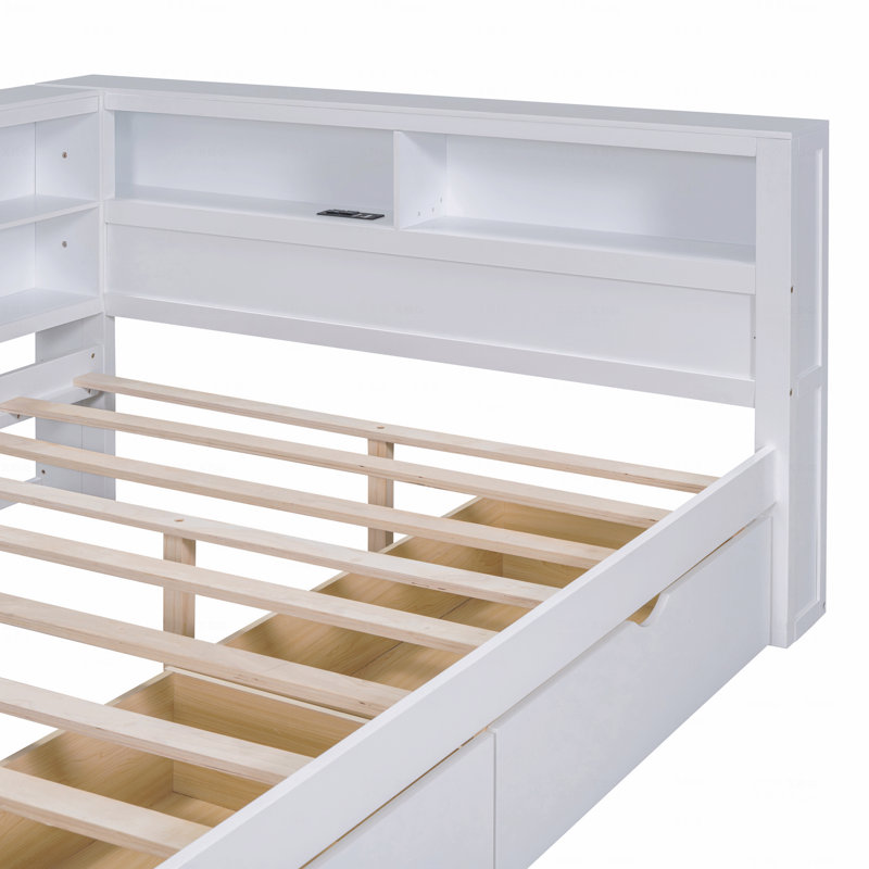 Full Size Daybed, Wooden  With 2 Drawers, Daybed With Storage Shelf And USB Charging Ports, White, Full
