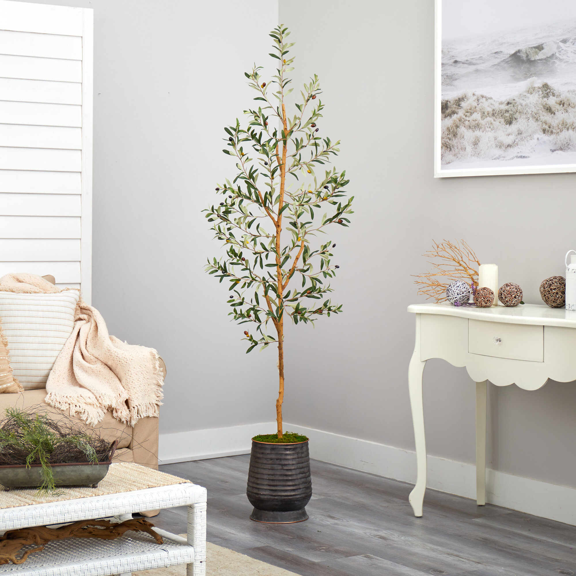 Primrue 74'' Faux Olive Tree Tree in Metal Planter | Wayfair