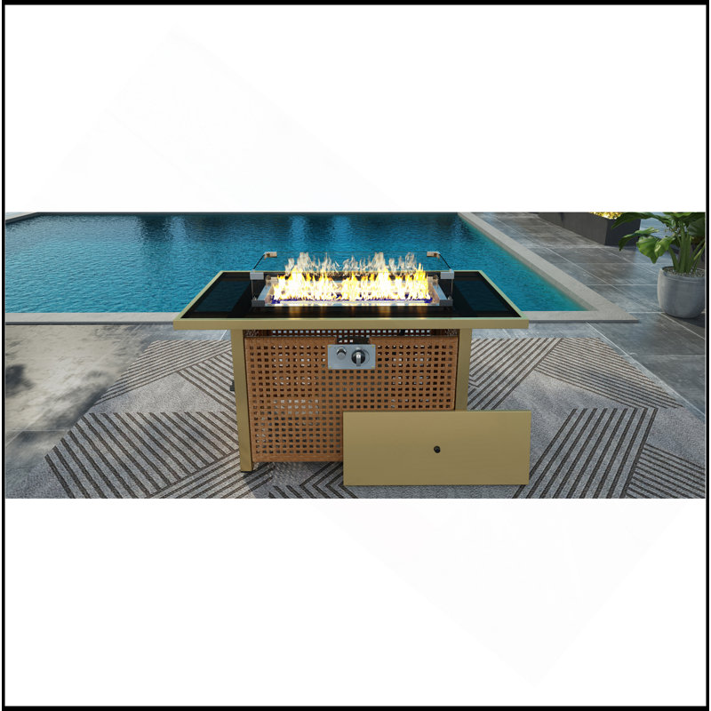 43" Propane Gas Fire Pit Table, 60000 BTU Rectangular Open Weave Wicker Fire Pit With Glass Wind Guard For Outside Patio Deck Garden Backyard