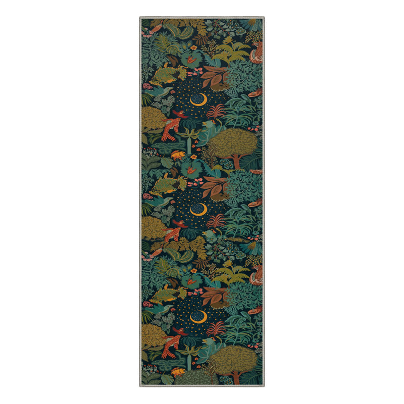 Tropical Jungle Creatures Machine Washable Teal Indoor Area Rug With Non-Slip Backing, Runner 2' x 7'
