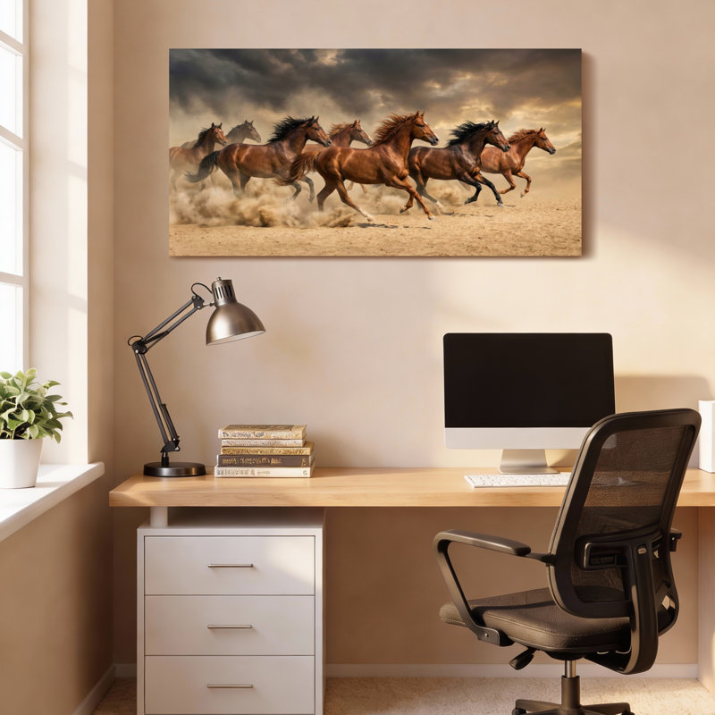 Ensemble de 1 tableau sur toile représentant des chevaux au galop, H 28 po x l 58 po
