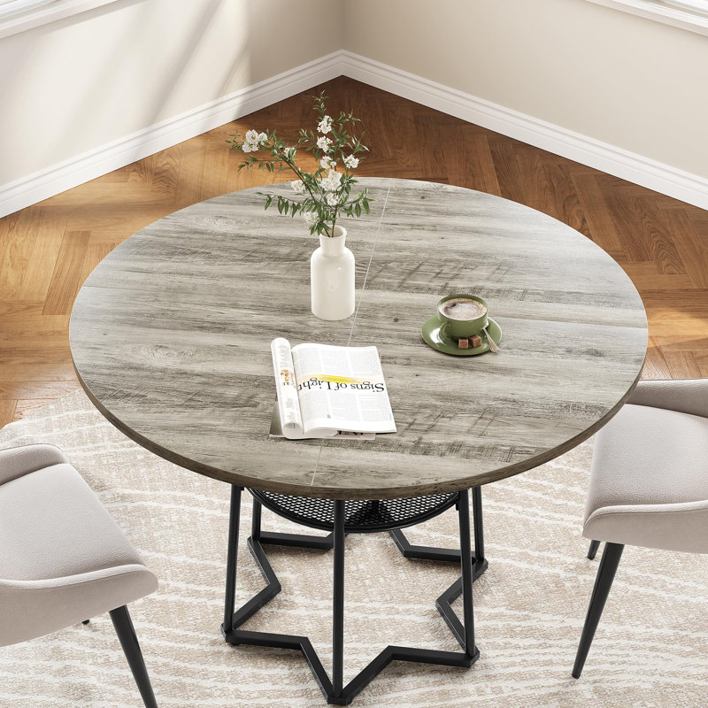 Table de salle à manger ronde pour 4, table de salle à manger en bois de 38,6 pouces avec tablette de rangement, Gris