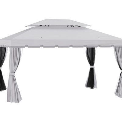 Pavillon de jardin gris 10 pi x 13 pi, cadre en aluminium pour l'extérieur. Toit, rideaux et filets. 10 trous de drainage. Pavillon de 13 pi parfait pour la pelouse, le jardin, la cour, la terrasse et l'aluminium. Rideaux doubles, drain idéal